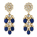 Elegant gold tone Indian floral kundan stone earrings with deep blue beads and faux pearls for Diwali and wedding wear