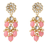 Gold tone indian floral kundan stone earrings with clear stones pink beads and faux pearl accents for ethnic wear