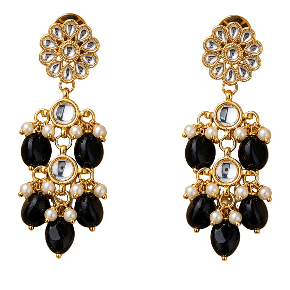 Elegant gold tone Indian floral kundan stone earrings with clear stones black onyx beads and white pearls for ethnic wear