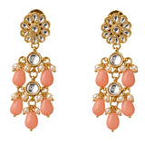 Indian floral kundan stone and faux pearl gold tone earrings with clear stones and peach teardrop beads for ethnic wear