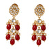 Gold-toned Indian floral kundan stone and faux pearl earrings with clear stones red teardrop beads for wedding and ethnic wear