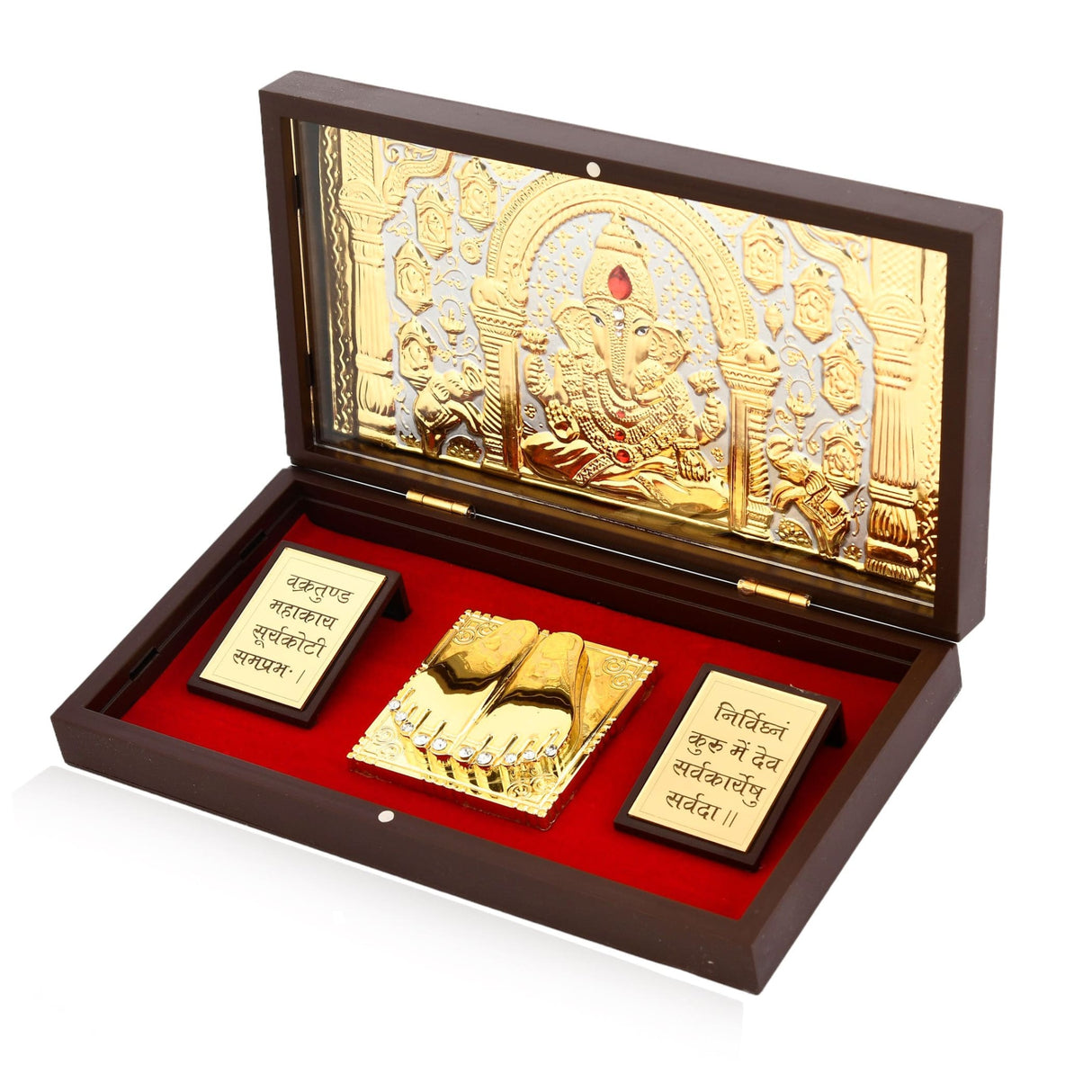 Large gold plated ganesha photo frame with charan paduka &