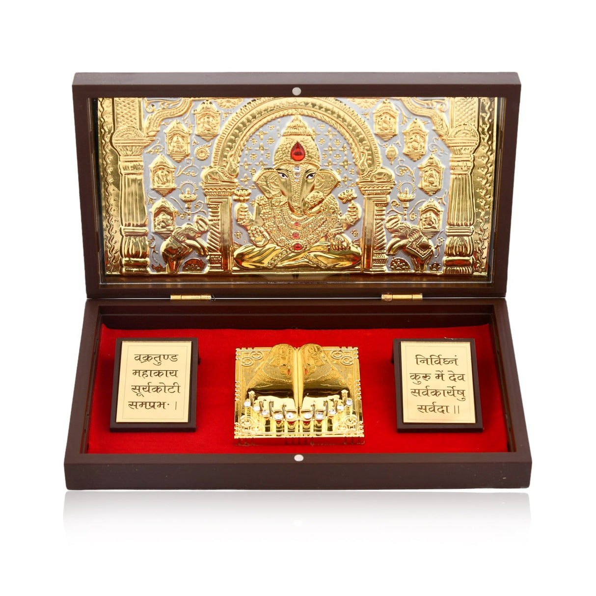 Large gold plated ganesha photo frame with charan paduka &