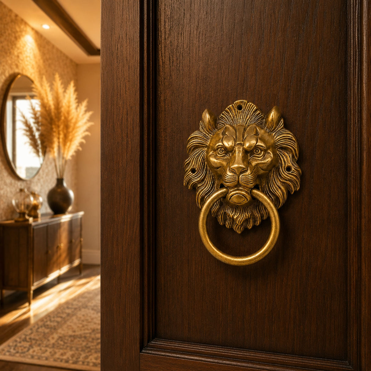 Large golden lion head brass door knocker with intricate mane and ring for vintage home decor and housewarming gift