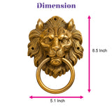 Large golden brass lion head door knocker with detailed mane and circular ring for vintage home decor and housewarming gift
