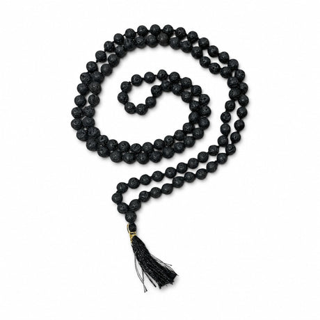 108+1 beads natural black lava stone mala necklace with textured beads, gold clasp, and tassel for meditation and yoga
