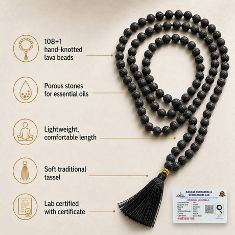 Black lava bead mala necklace with 108 plus 1 beads, gold-toned accents, and soft tassel for meditation and yoga