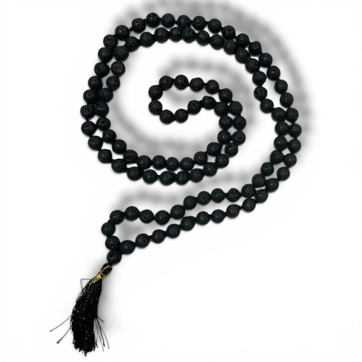 Black lava rock beads mala necklace with gold clasp and black tassel for meditation and spiritual yoga practice
