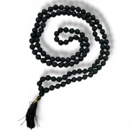 Black lava rock beads mala necklace with gold clasp and black tassel for meditation and spiritual yoga practice