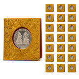 Golden textured coin display case holding a silver laxmi-narayan silver plated coin with velvet gift packing for diwali and pooja