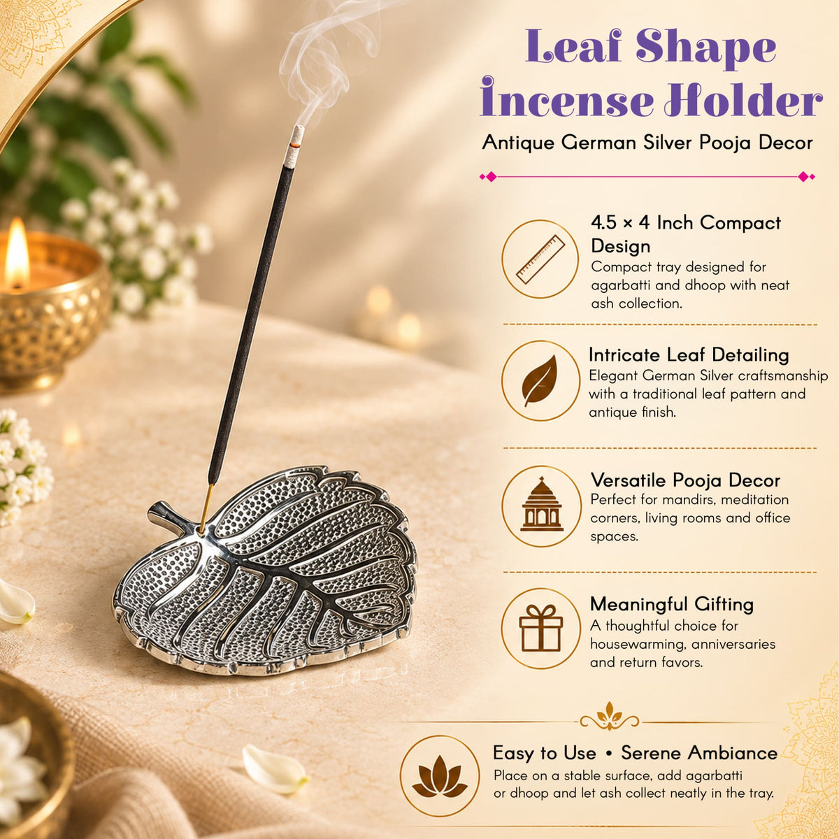 Antique german silver leaf shape incense stick holder with embossed veining traditional finish for pooja and meditation