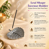 Antique german silver leaf shape incense stick holder with embossed veining traditional finish for pooja and meditation