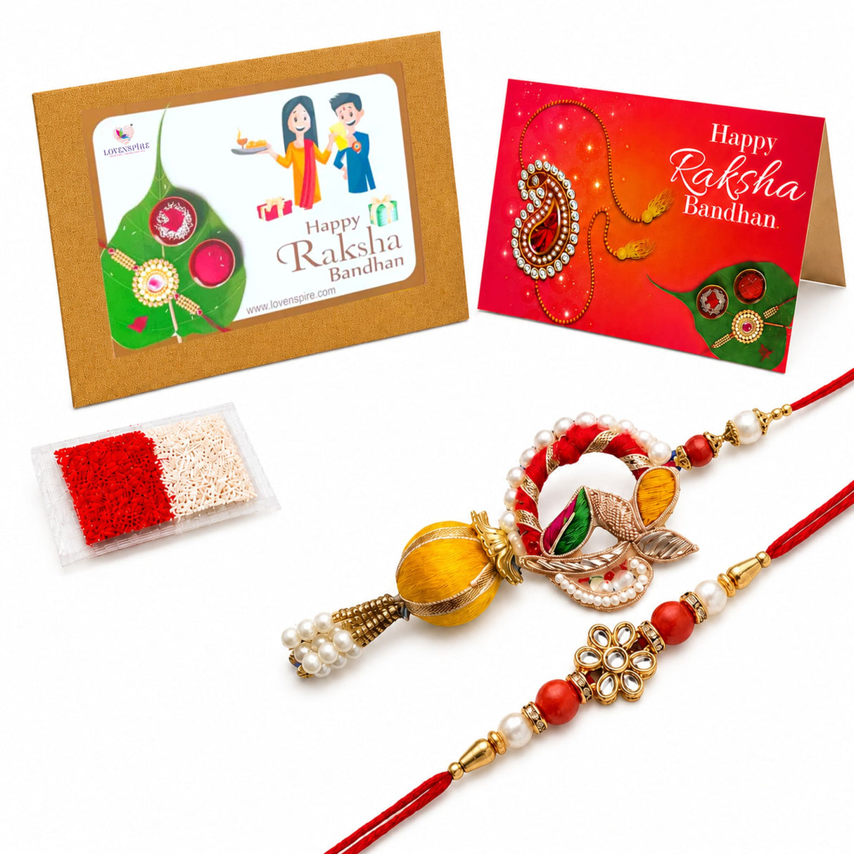 Elegant designer leaf lumba rakhi bracelet set with red gold beads white pearls and golden floral centerpiece for raksha bandhan