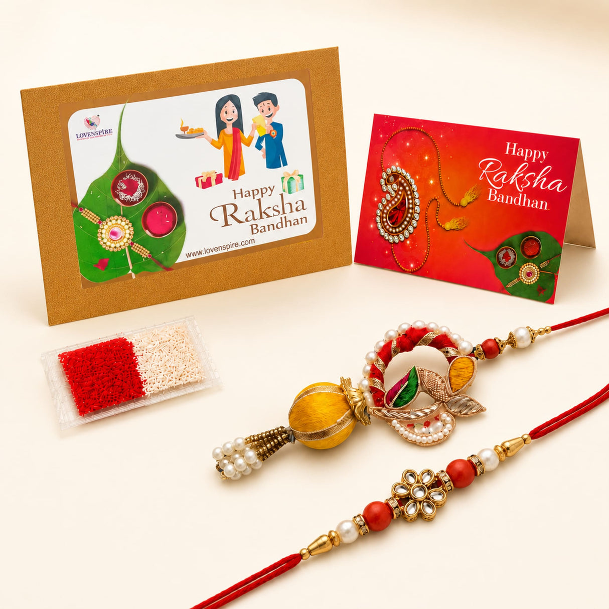 Elegant designer leaf lumba rakhi bracelet set with gold filigree pearls and red beads for brother and bhabhi gift