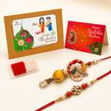 Elegant designer leaf lumba rakhi bracelet set with gold filigree pearls and red beads for brother and bhabhi gift