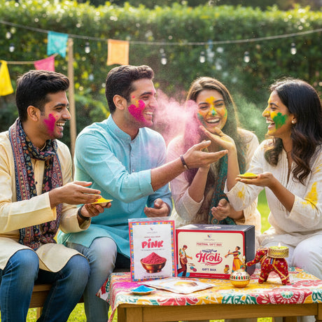 Holi Gift Box - 2 Natural Gulal Packets (Assorted Colors), Decorative Mini Dahi Handi (Makhan Matki) & Elephant Candle Holder - Festive Hamper