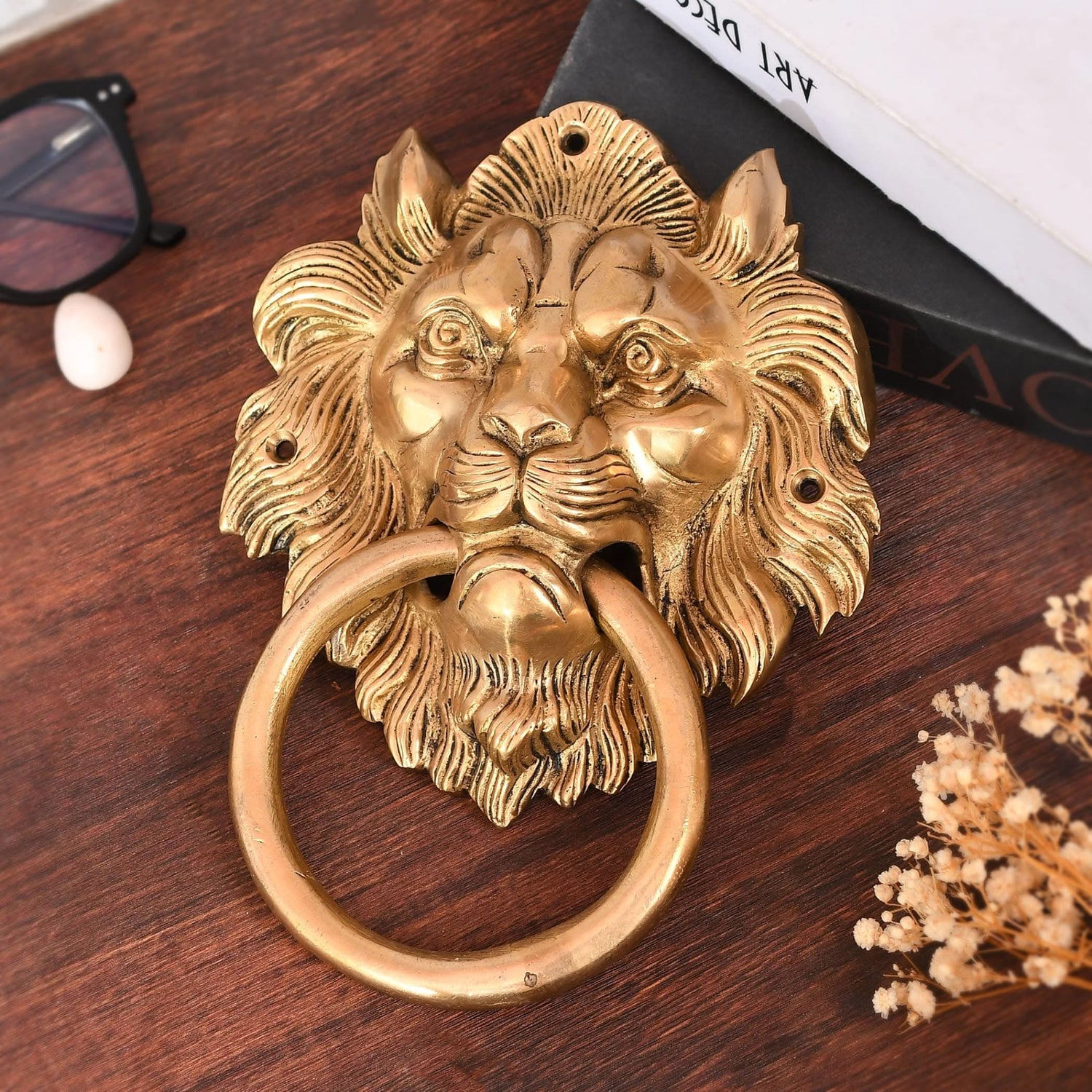 Lion Head Brass Door Knocker Authentic Vintage Unique Front Door Holder with Gold Finish Rare Solid Door Accessories for Home Decor Housewarming Gift - LoveNspire