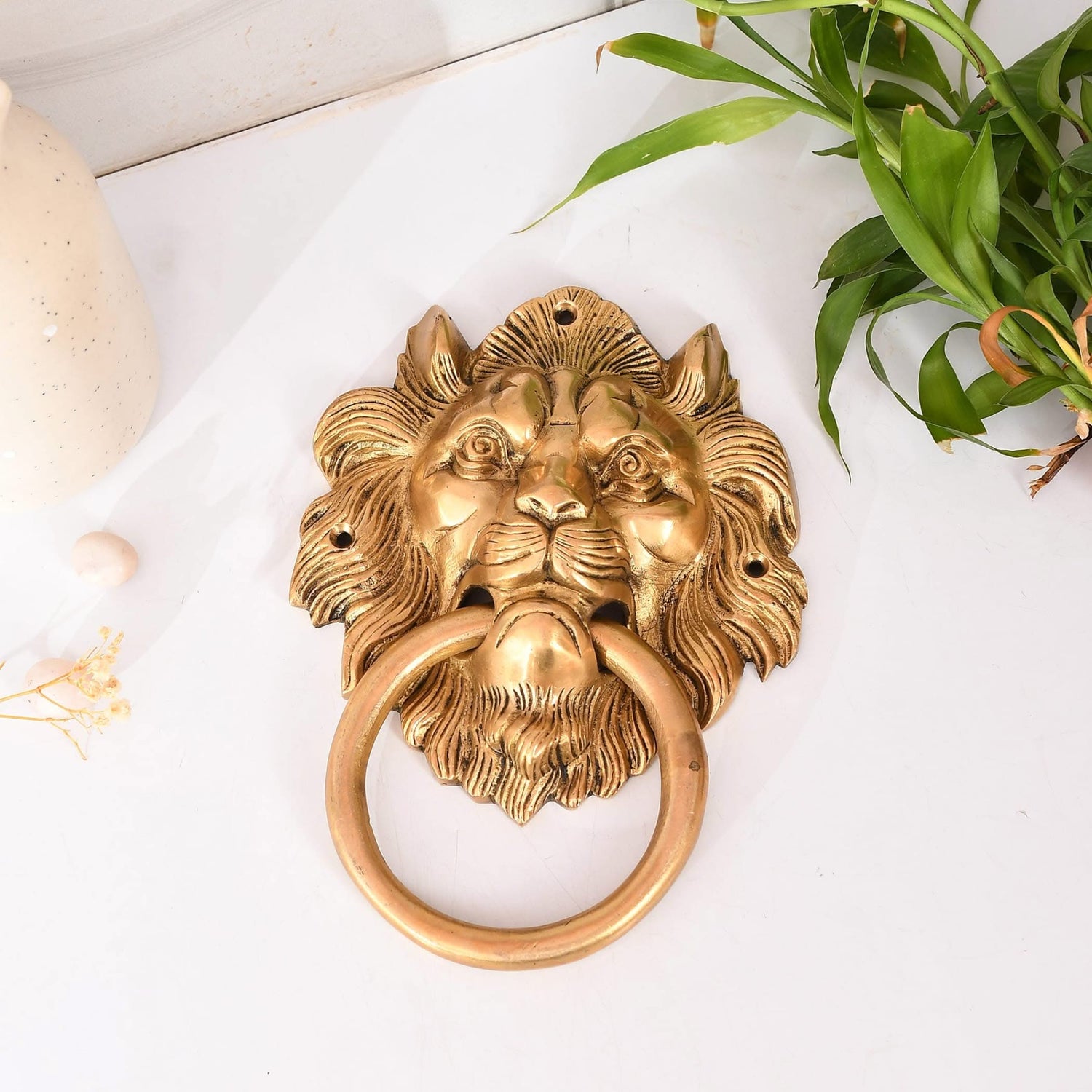 Lion Head Brass Door Knocker Authentic Vintage Unique Front Door Holder with Gold Finish Rare Solid Door Accessories for Home Decor Housewarming Gift - LoveNspire