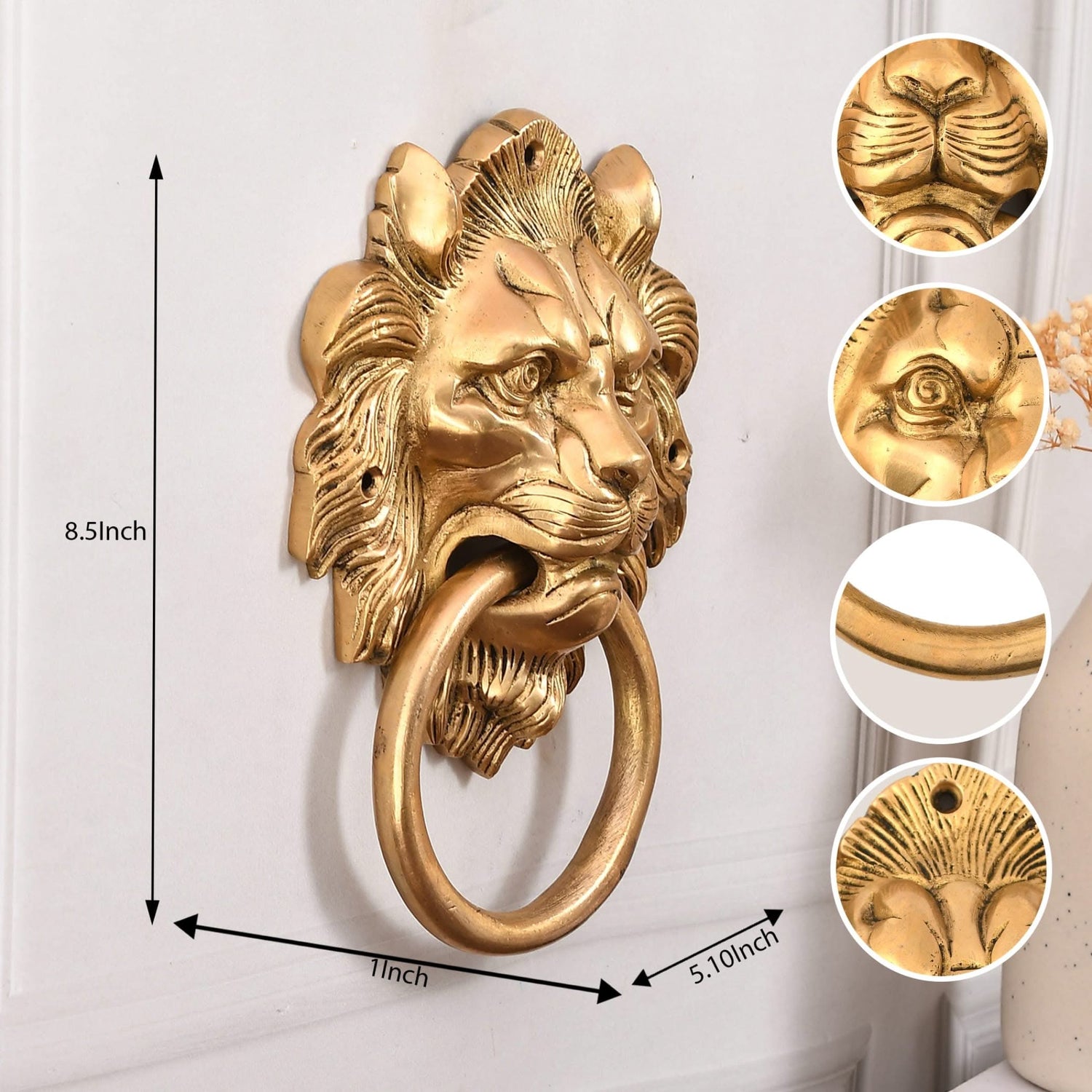 Lion Head Brass Door Knocker Authentic Vintage Unique Front Door Holder with Gold Finish Rare Solid Door Accessories for Home Decor Housewarming Gift - LoveNspire