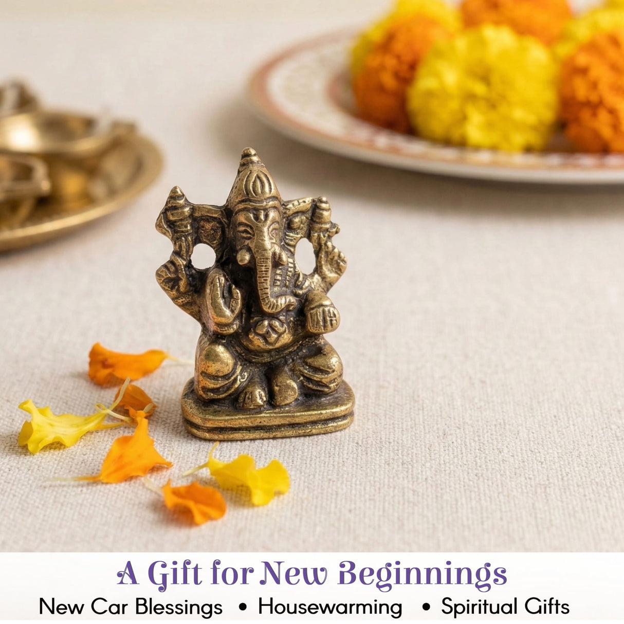 Brass Lord Ganesha car idol statue, seated with intricate details