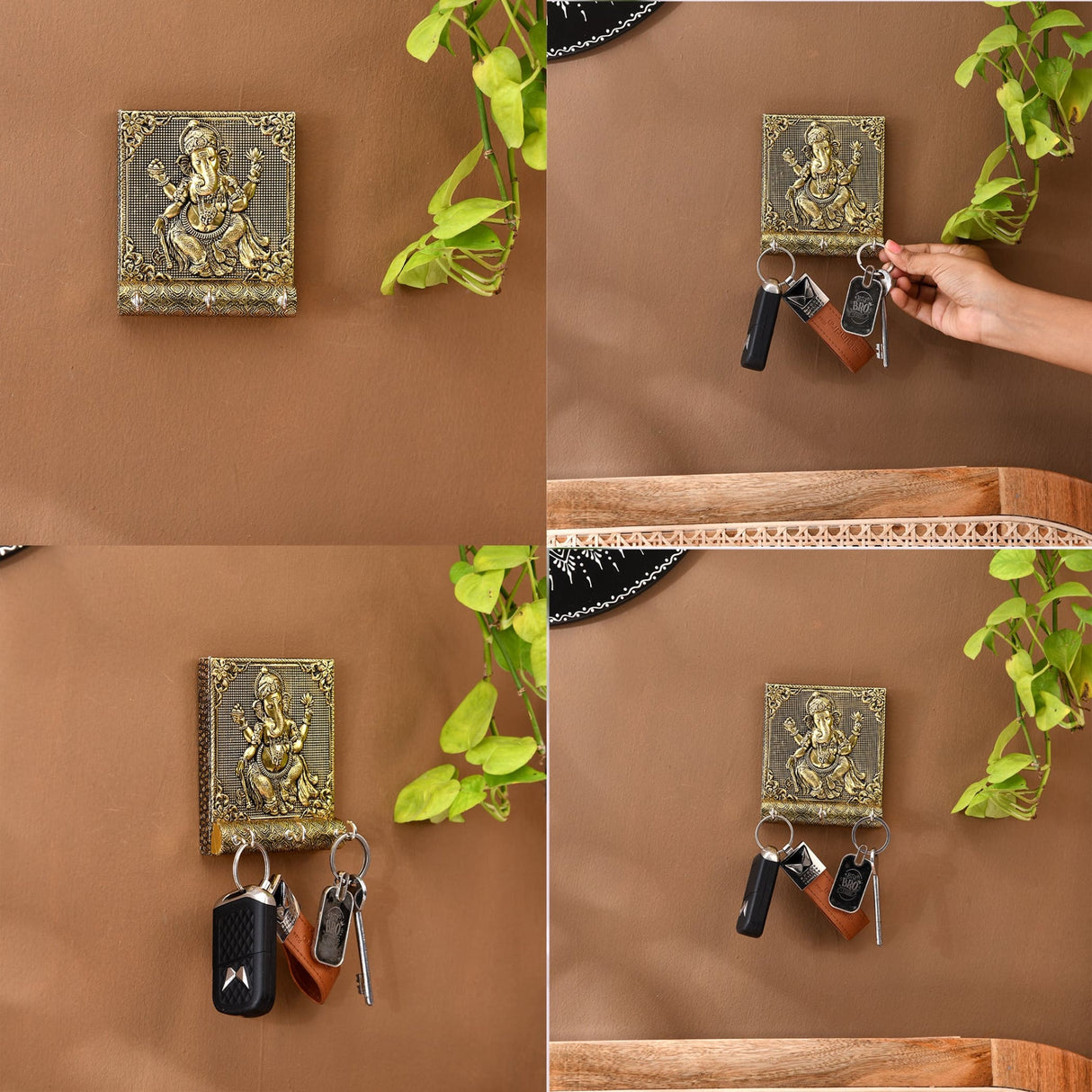 Handcrafted Lord Ganesha antique brass key holder with 4 hooks