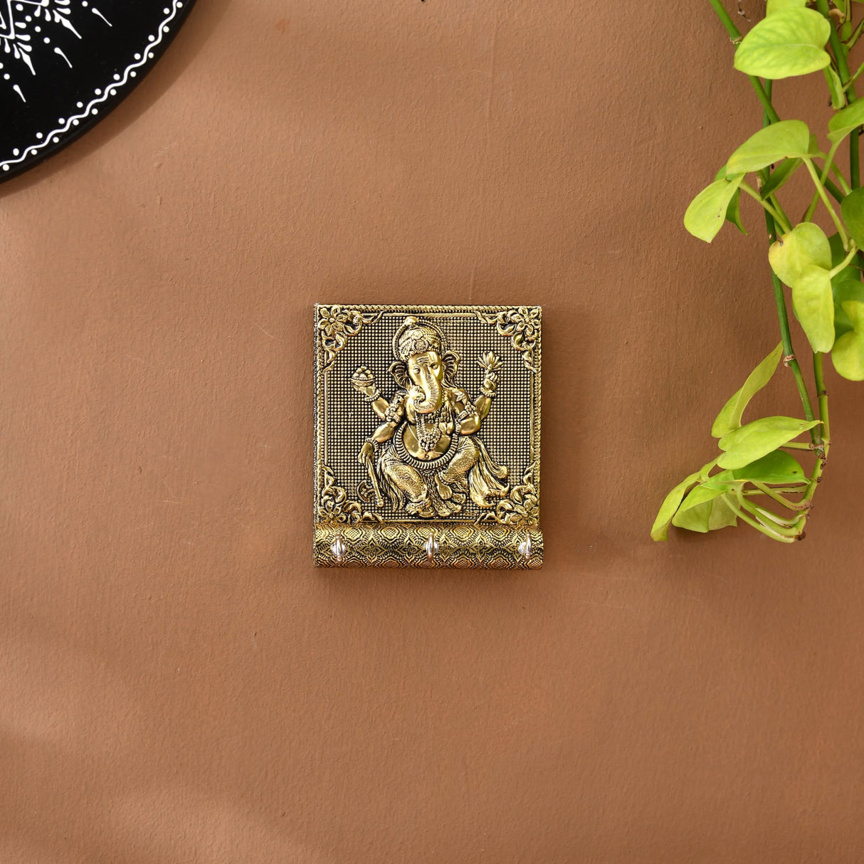 Handcrafted Golden Brass Lord Ganesha Key Holder with 3 Wall Hooks