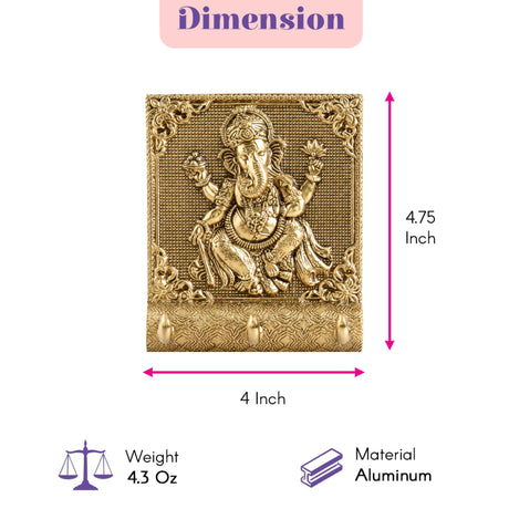 Golden aluminum wall-mounted ganesha key holder with three hooks handcrafted decorative home and office organizer