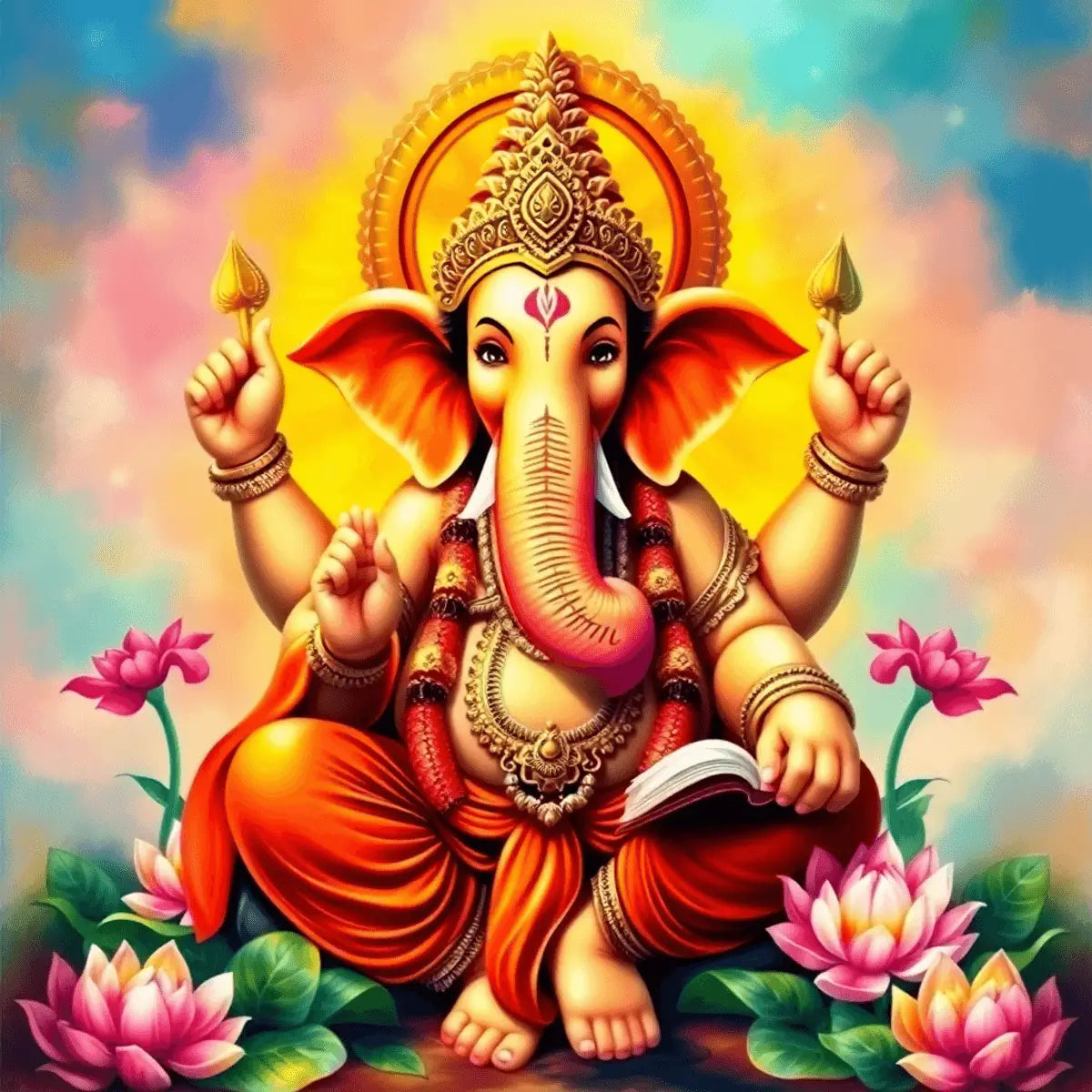 A colorful and artistic depiction of Ganesha, the elephant-headed deity, surrounded by books and lotus flowers in a vibrant, festive background.