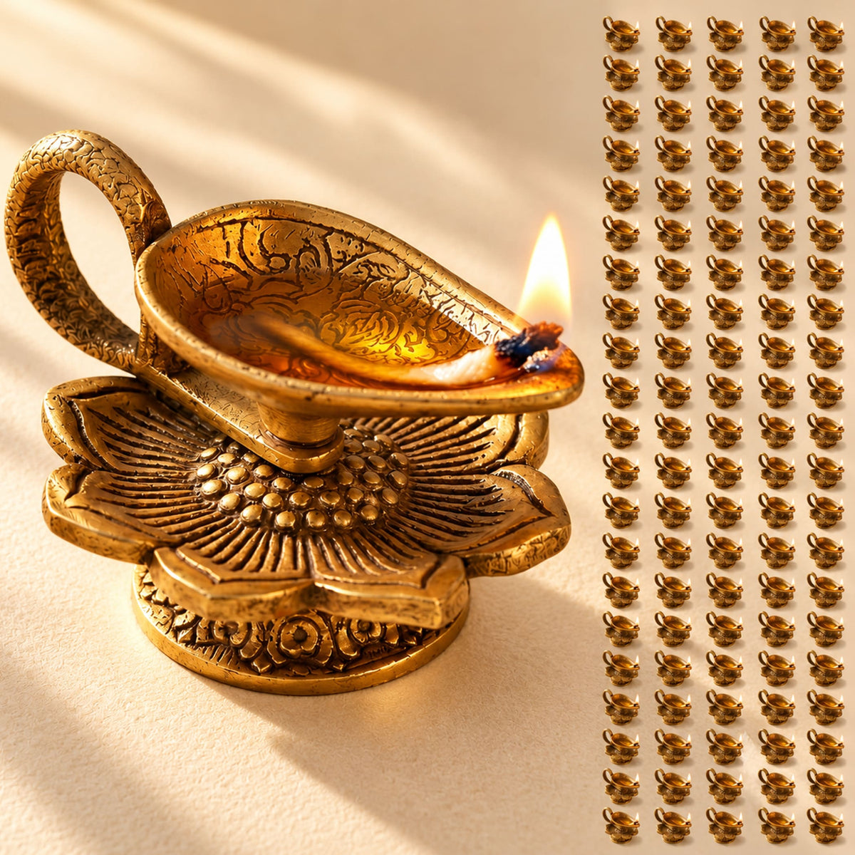 Golden brass finish lotus diya oil lamp with intricate floral base design and lit flame for home pooja decor