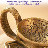 A decorative lotus brass finish diya deepam oil lamp made of aluminum with intricate floral scrollwork for pooja decor