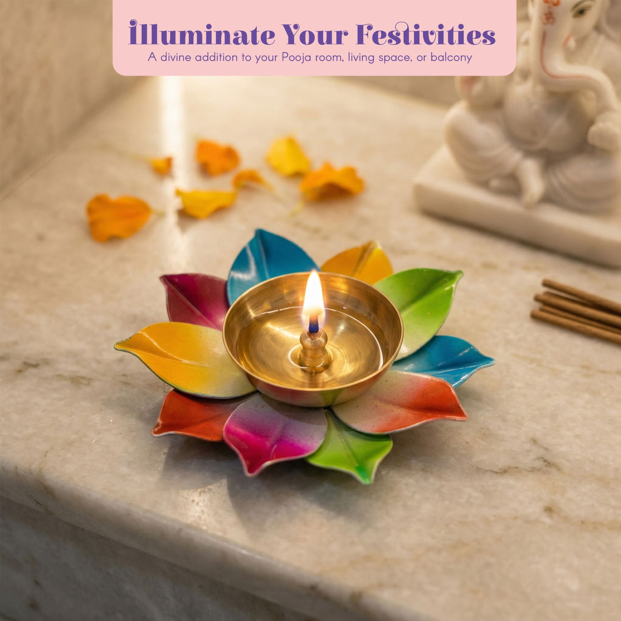 A vibrant multi-colored lotus brass diya with a golden bowl and flickering flame for home pooja and Diwali decor