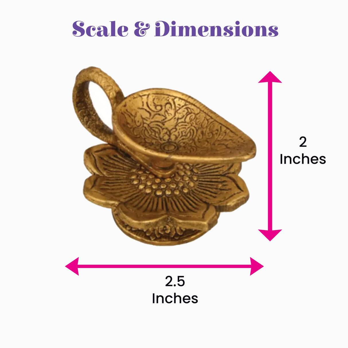 Golden brass lotus finish diya oil lamp with intricate floral engravings and handle for home pooja and diwali decor