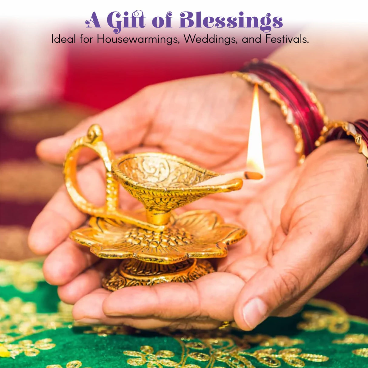 Golden lotus brass finish diya oil lamp with intricate floral engravings and lit wick held in hands for pooja decor