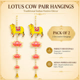 Yellow lotus cow pair wall hangings with pink lotus flowers and gold accents for indian festival home decor