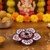 Lotus haldi kumkum holder red and silver floral diya with intricate cut-out patterns for pooja and diwali gift
