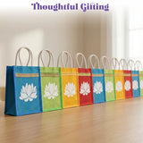 A row of colorful woven jute tote bags with white lotus designs and gold trim for bridesmaid gifts and wedding favors