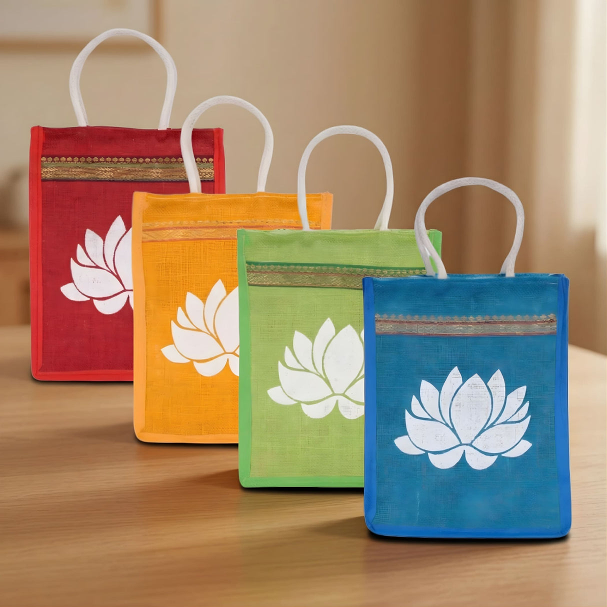 Four colorful jute tote bags with white lotus design and gold trim for bridesmaid gift travel shopping indian wedding favor