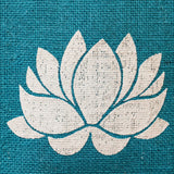 A white lotus flower stencil on teal textured burlap tote bag for bridesmaid gift travel shopping Indian wedding favor