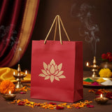 Vibrant red Lotus paper carry bag with gold handles, 8x4x10 inch wedding favor