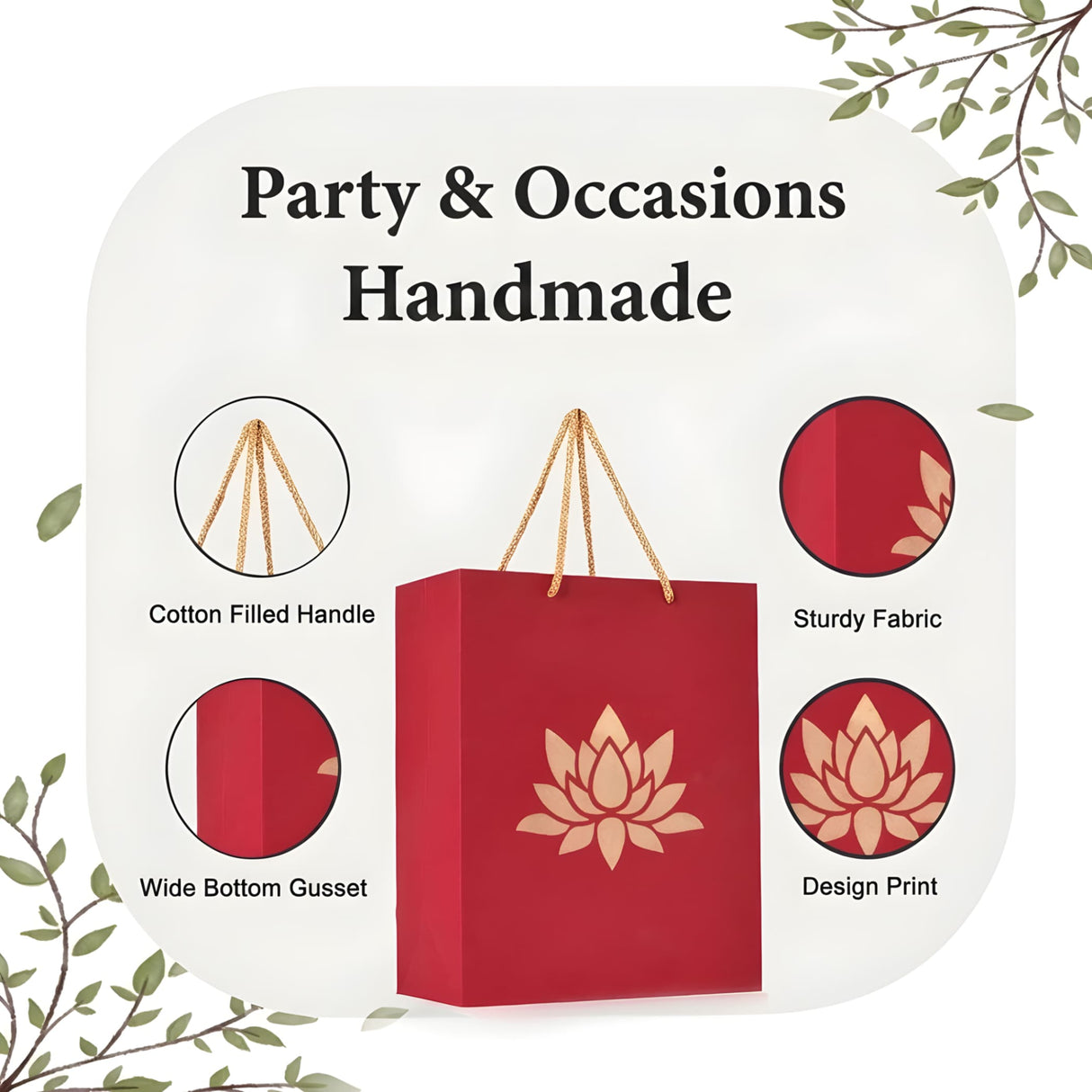 Red handmade paper carry bag with gold lotus print and cotton handles for wedding diwali party favors 8x4x10 inch