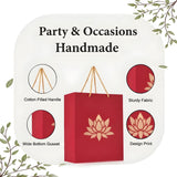 Red handmade paper carry bag with gold lotus print and cotton handles for wedding diwali party favors 8x4x10 inch