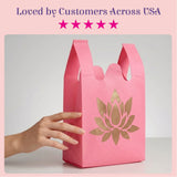 Pink reusable non woven tote bag with gold foil lotus design for Indian wedding housewarming puja favors