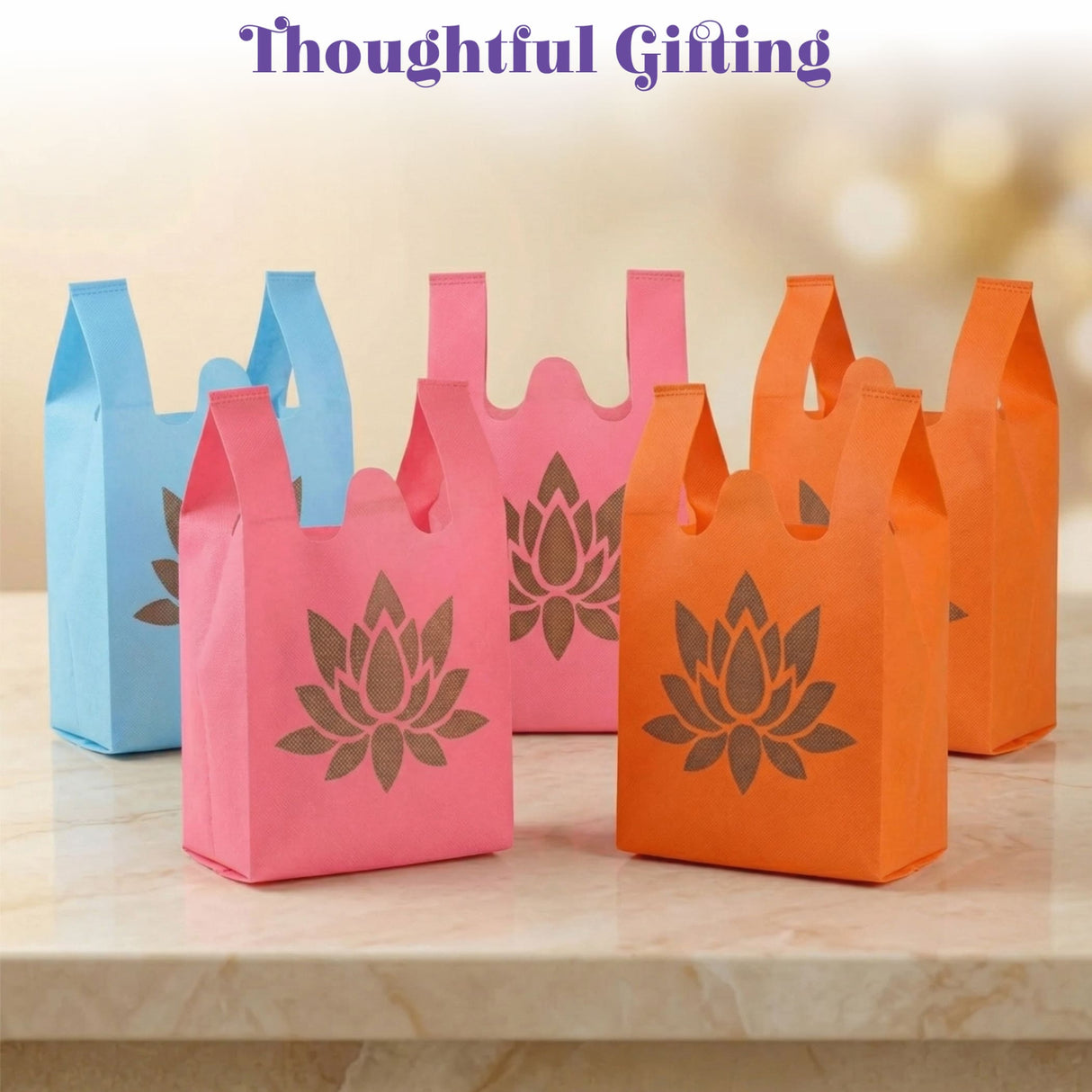 Colorful ecofriendly reusable lotus print non woven gift bags in pink blue and orange for indian wedding puja