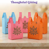 Colorful ecofriendly reusable lotus print non woven gift bags in pink blue and orange for indian wedding puja