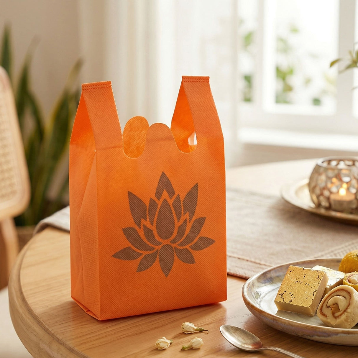 Bright orange non woven reusable tote bag with dark brown lotus flower design for Indian wedding gifts and puja