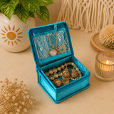 Vibrant turquoise velvet lotus print indian jewelry box with clear insert zipper closure for travel storage