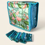 Teal satin lotus print indian jewelry box cosmetic bag with matching zipper and three translucent blue pouches