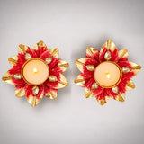 Lotus tealight candle holders set of two with red and gold floral design and crystal accents for festive decor