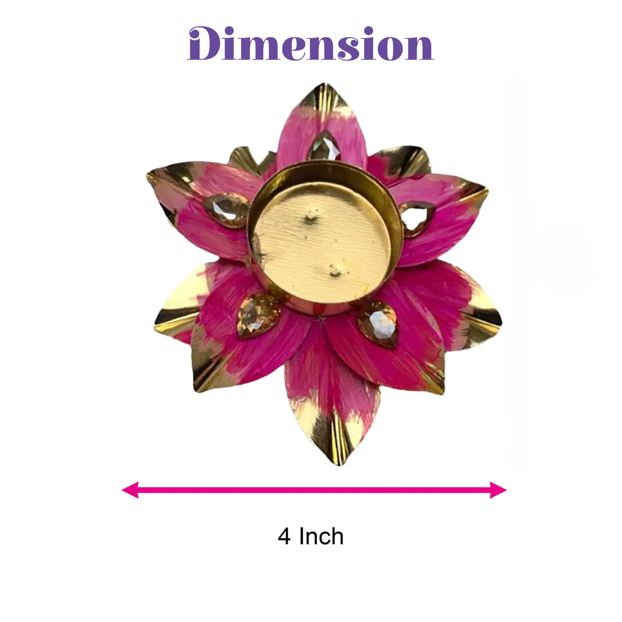 A vibrant pink and gold lotus-shaped metal oil lamp with gemstone accents for diwali pooja and festive decor