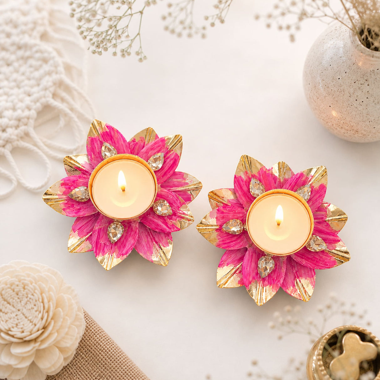 Lotus tealight candle holders 2 pcs vibrant pink and gold flower shape with sparkling rhinestones for home decor